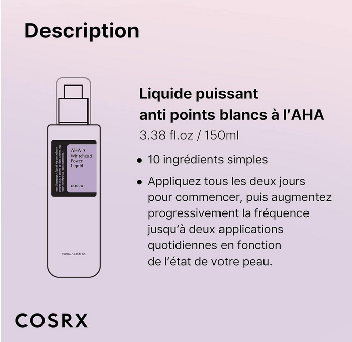 Cosrx Aha 7 Whitehead Power Soin exfoliant liquide pour le visage 100 ml